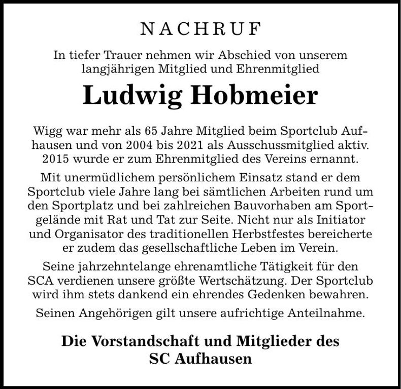 Traueranzeige Hobmeier Ludwig