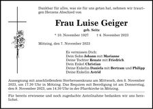 Traueranzeige Luise Geiger