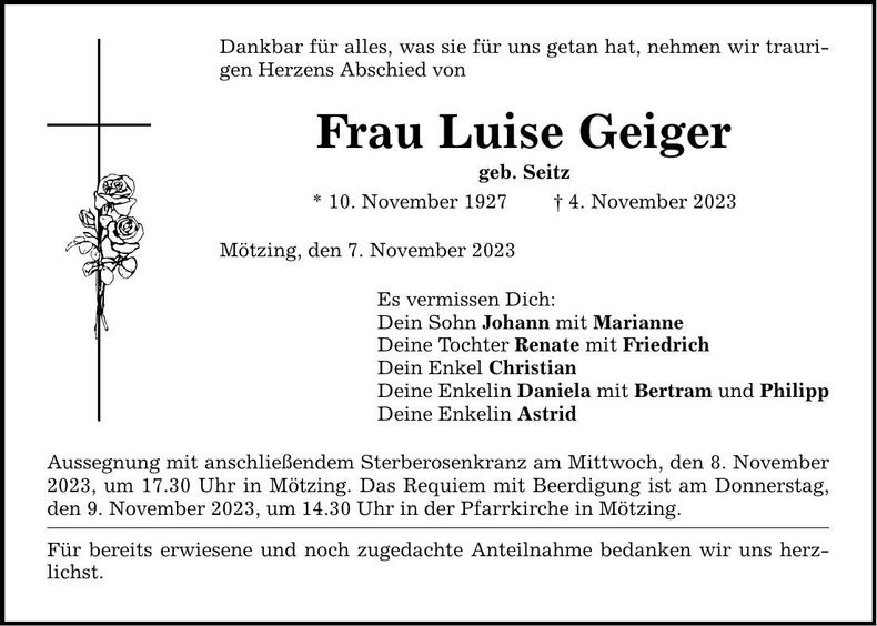 Traueranzeige Luise Geiger