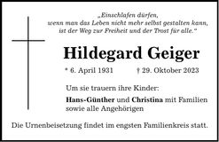 Traueranzeige Hildegard Geiger
