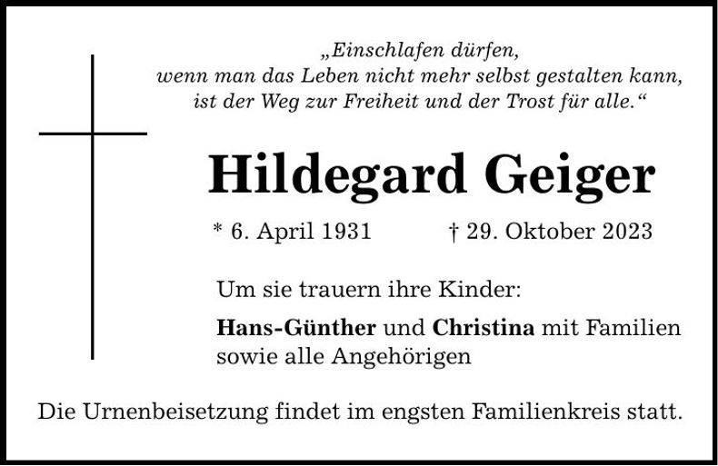 Traueranzeige Hildegard Geiger