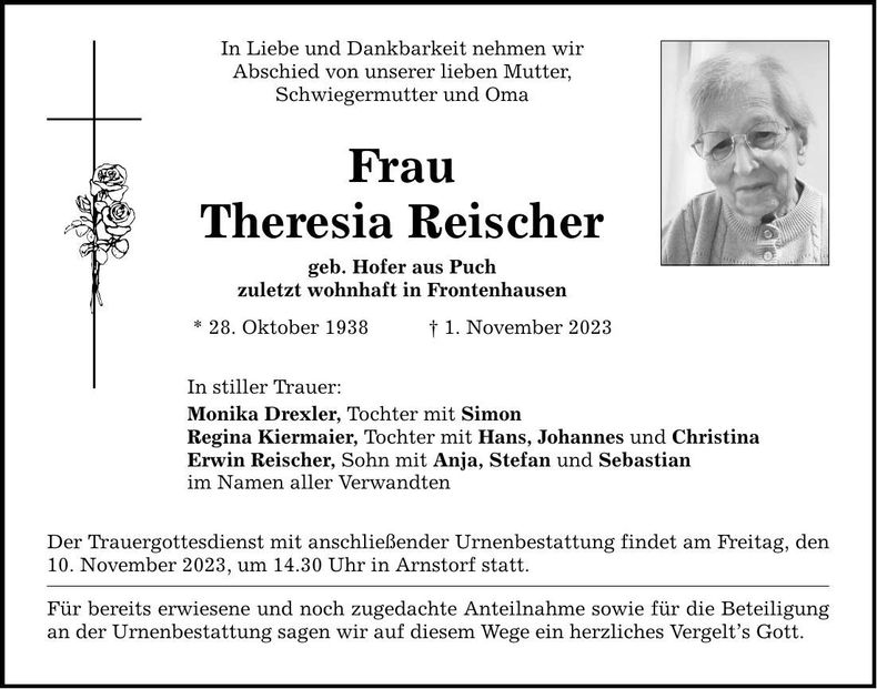 Traueranzeige Theresia Reischer