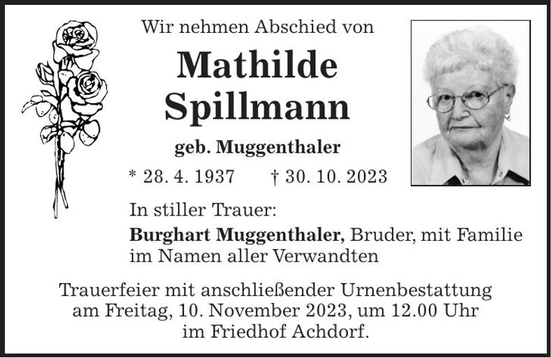 Traueranzeige Mathilde Spillmann