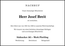Traueranzeige Josef Breit