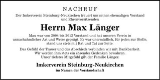 Traueranzeige Max Länger