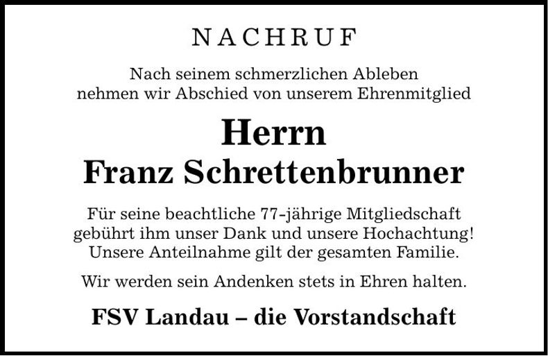 Traueranzeige Schrettenbrunner Franz