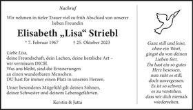 Traueranzeige Elisabeth "Lisa" Striebl