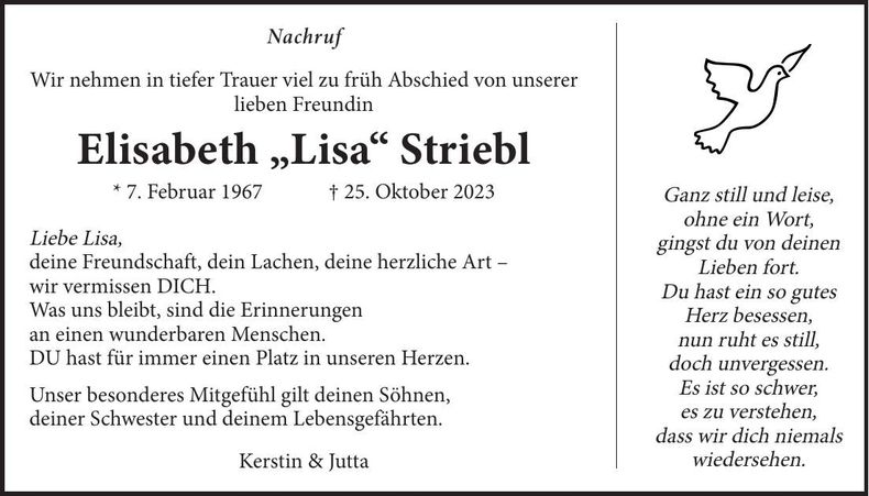 Traueranzeige Elisabeth "Lisa" Striebl