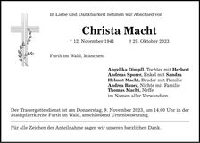 Traueranzeige Christa Macht