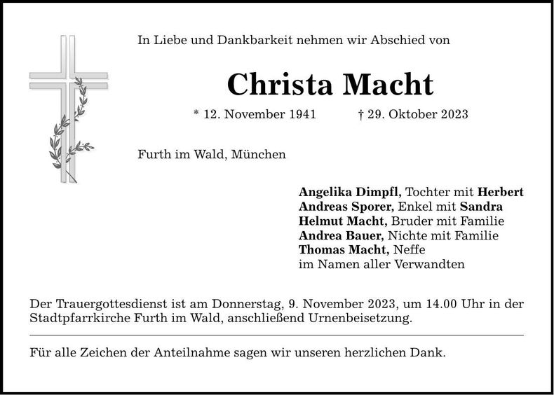 Traueranzeige Christa Macht