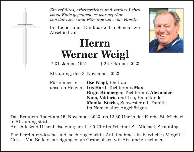Traueranzeige Werner Weigl
