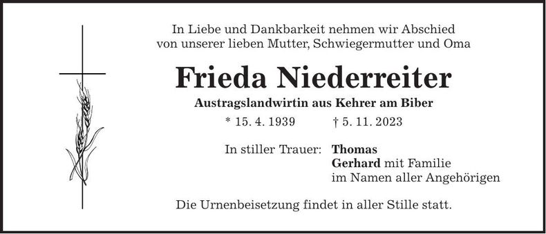 Traueranzeige Frieda Niederreiter