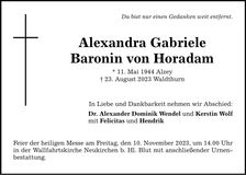 Traueranzeige Alexandra Gabriele Baronin von Horadam