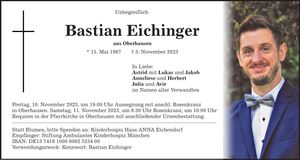 Traueranzeige Bastian Eichinger