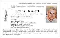 Traueranzeige Franz Heimerl