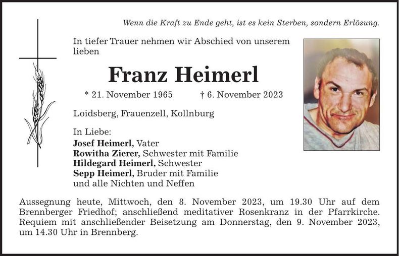 Traueranzeige Franz Heimerl