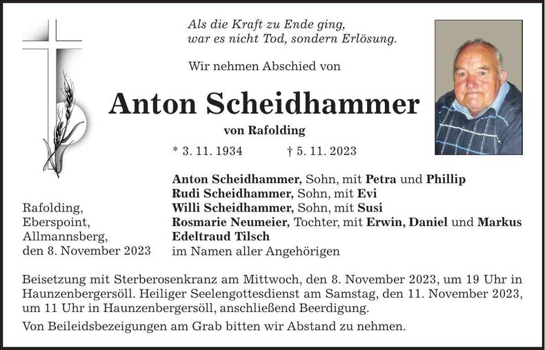 Traueranzeige Anton Scheidhammer
