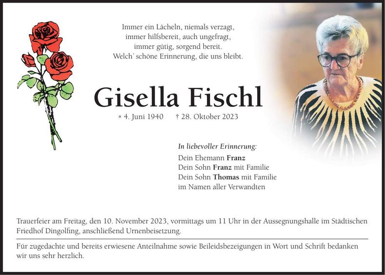 Traueranzeige Gisella Fischl
