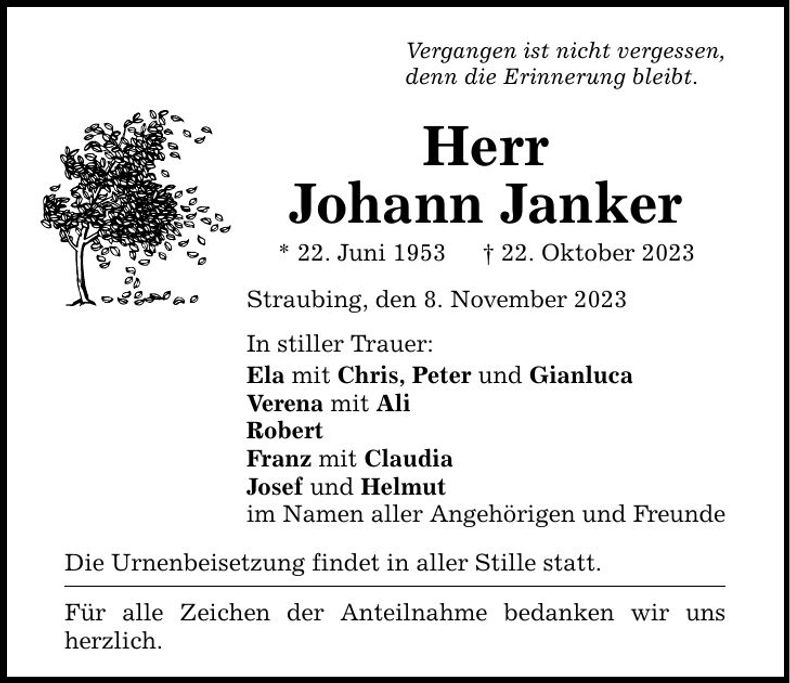 Traueranzeige Johann Janker