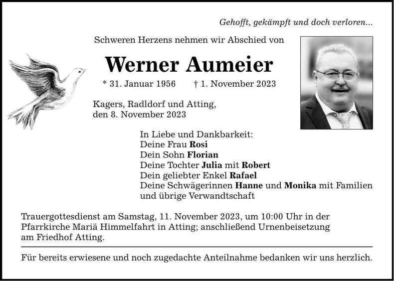 Traueranzeige Werner Aumeier