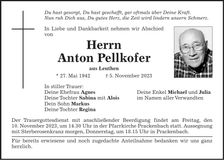 Traueranzeige Pellkofer Anton