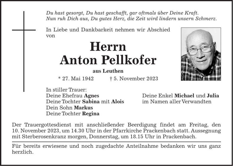 Traueranzeige Pellkofer Anton