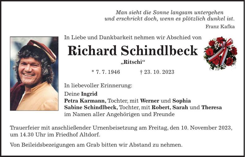 Traueranzeige Richard Schindlbeck