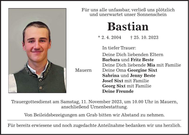 Traueranzeige Bastian Beste