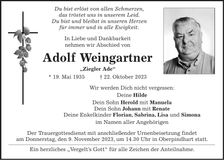 Traueranzeige Adolf Weingartner