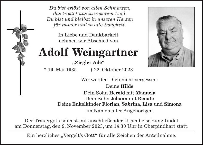 Traueranzeige Adolf Weingartner