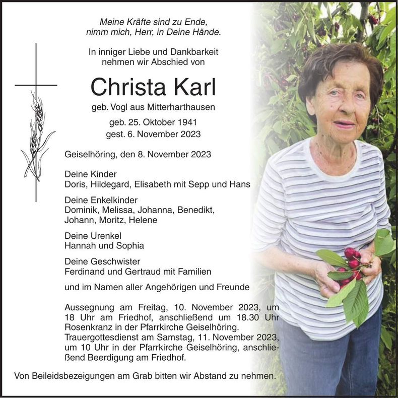 Traueranzeige Christa Karl
