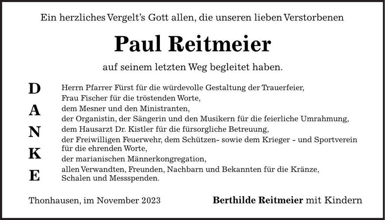 Traueranzeige Reitmeier Paul