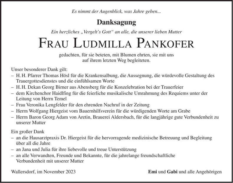 Traueranzeige Ludmilla Pankofer