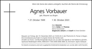 Traueranzeige Agnes Vorbauer