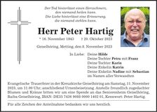 Traueranzeige Peter Hartig