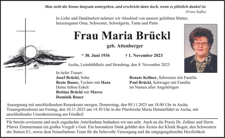 Traueranzeige Maria Brückl