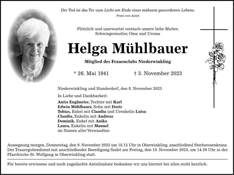 Traueranzeige Helga Mühlbauer