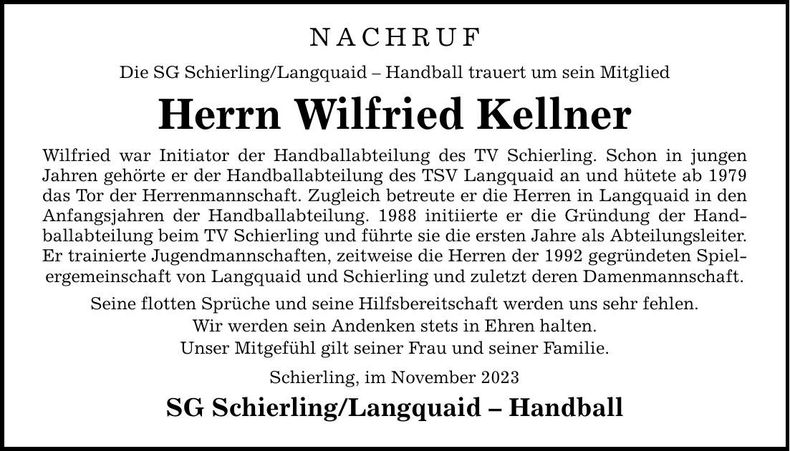 Traueranzeige Wilfried Kellner