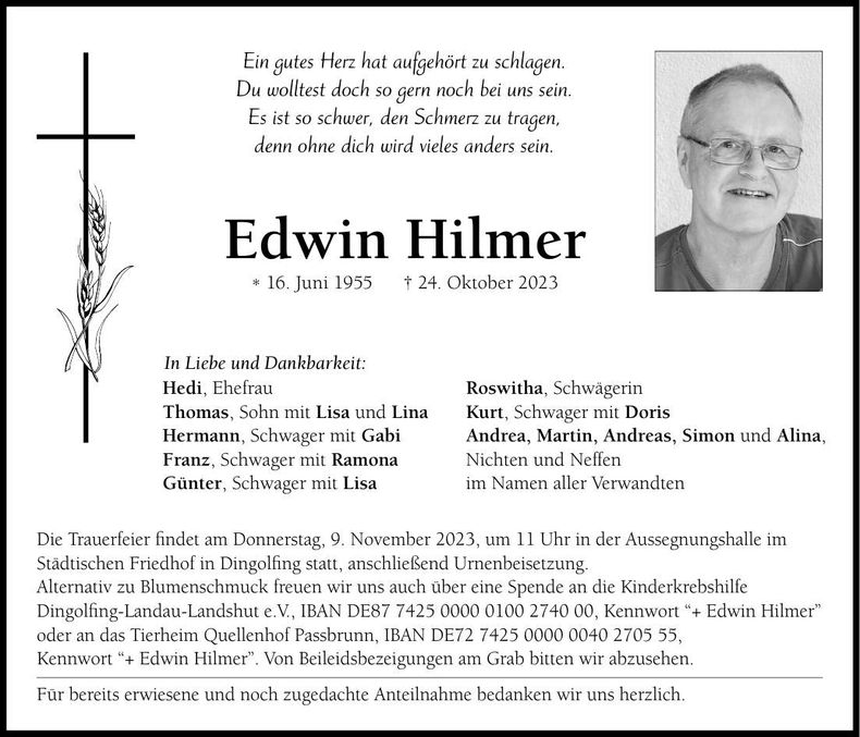 Traueranzeige Edwin Hilmer