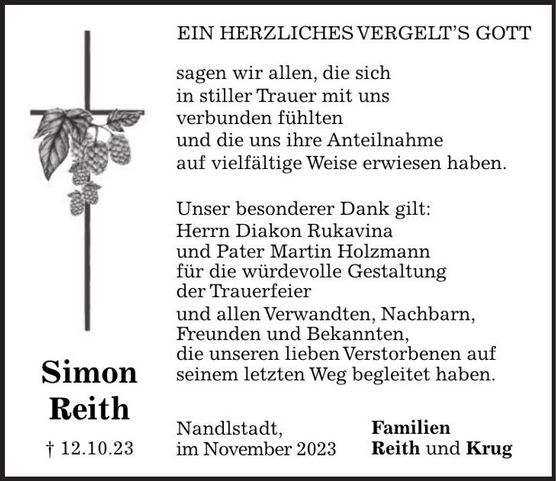 Traueranzeige Simon Reith