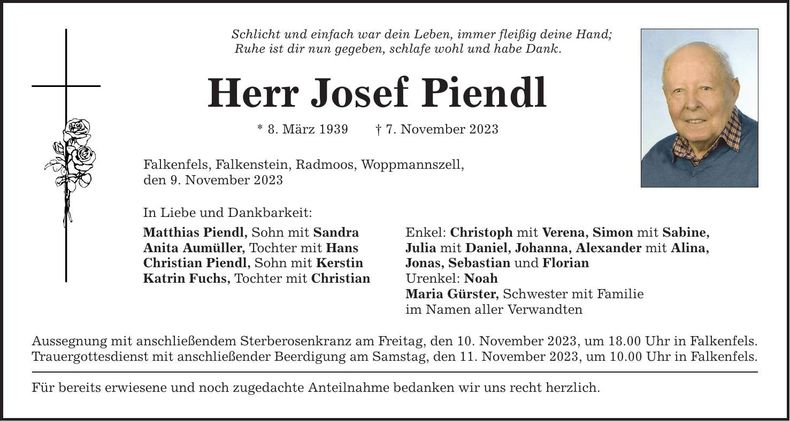 Traueranzeige Josef Piendl