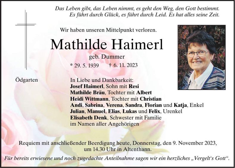 Traueranzeige Mathilde Haimerl