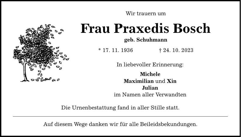 Traueranzeige Praxedis Bosch