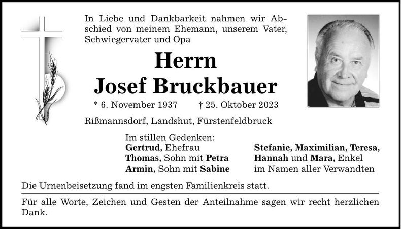 Traueranzeige Josef Bruckbauer