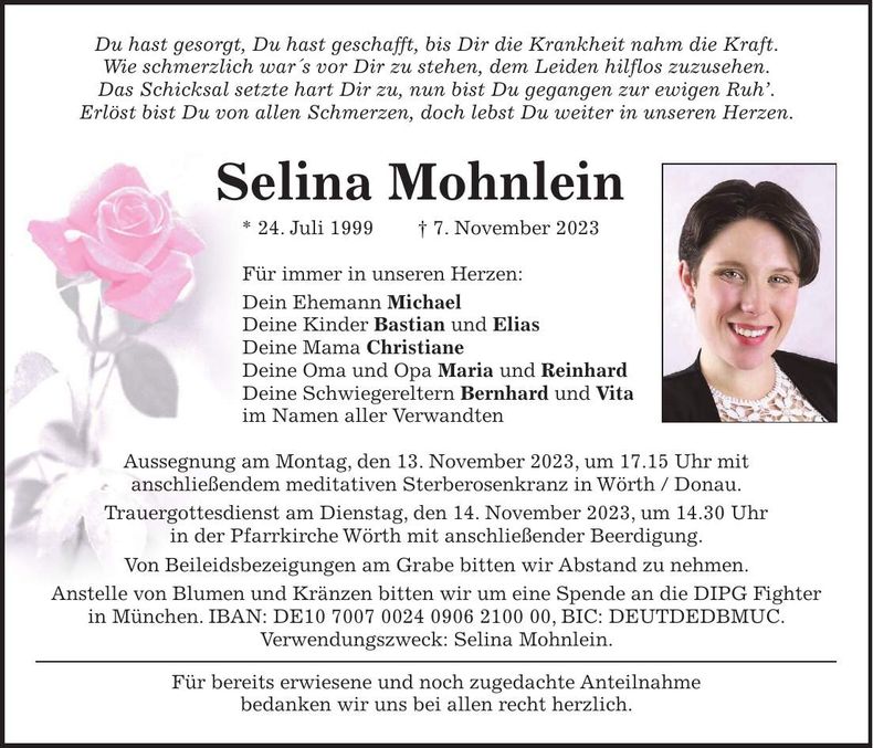 Traueranzeige Selina Mohnlein