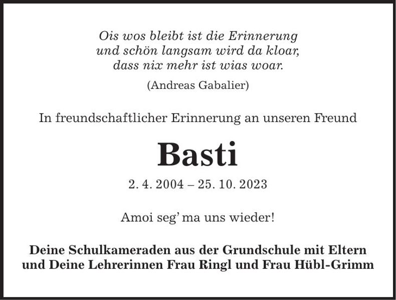 Traueranzeige Basti Beste