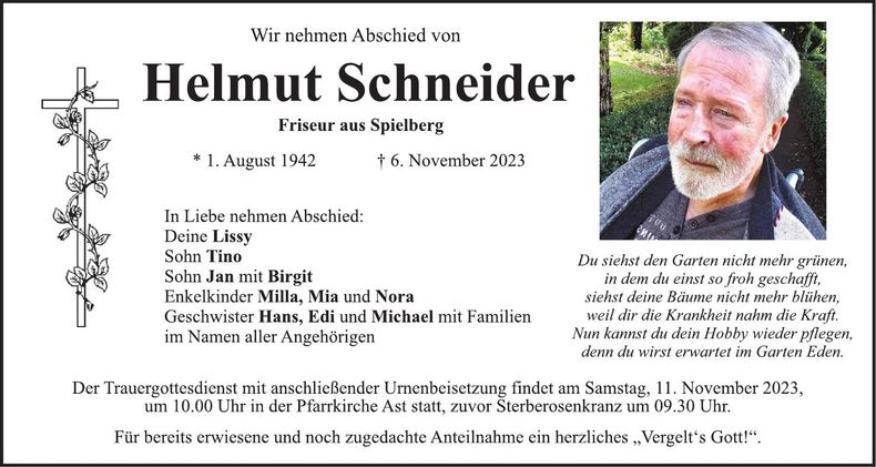 Traueranzeige Helmut Schneider