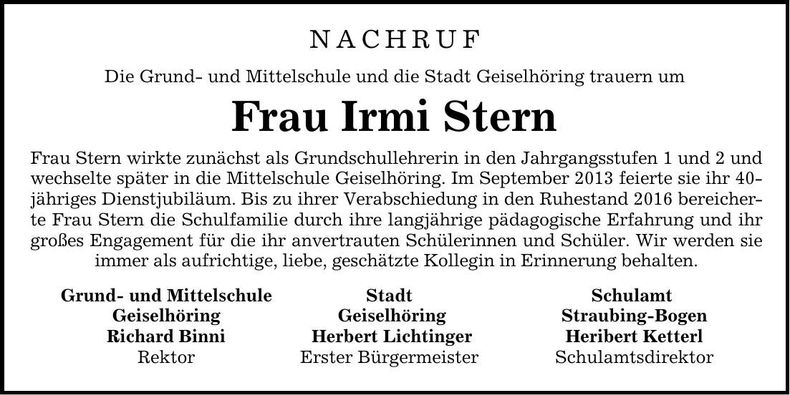 Traueranzeige Irmi Stern