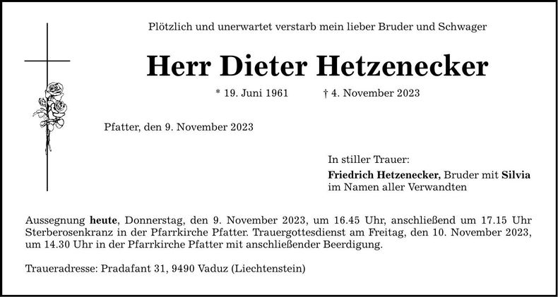 Traueranzeige Dieter Hetzenecker