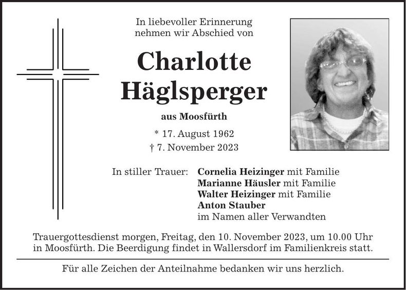 Traueranzeige Charlotte Häglsperger